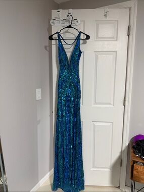 Sherri Hill Blue Teal Sequin Deep V Prom Dress